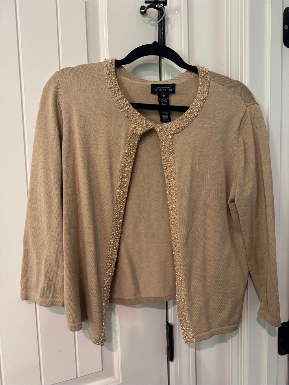 Jones New York Beige Beaded Trim Open-Front Cardigan